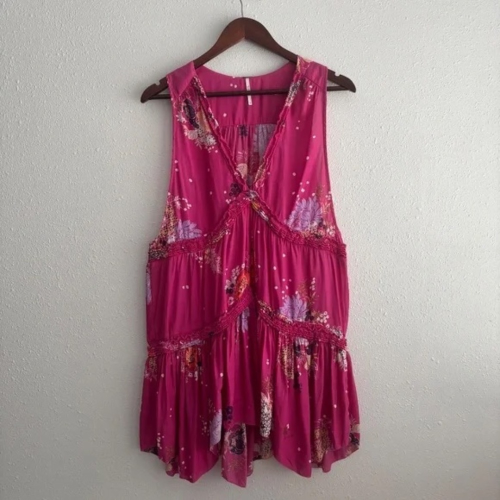 Free People Haze WildBerry Pink Sleeveless Top Tiered Ruffle Tunic - Size Large - Picture 3 of 7